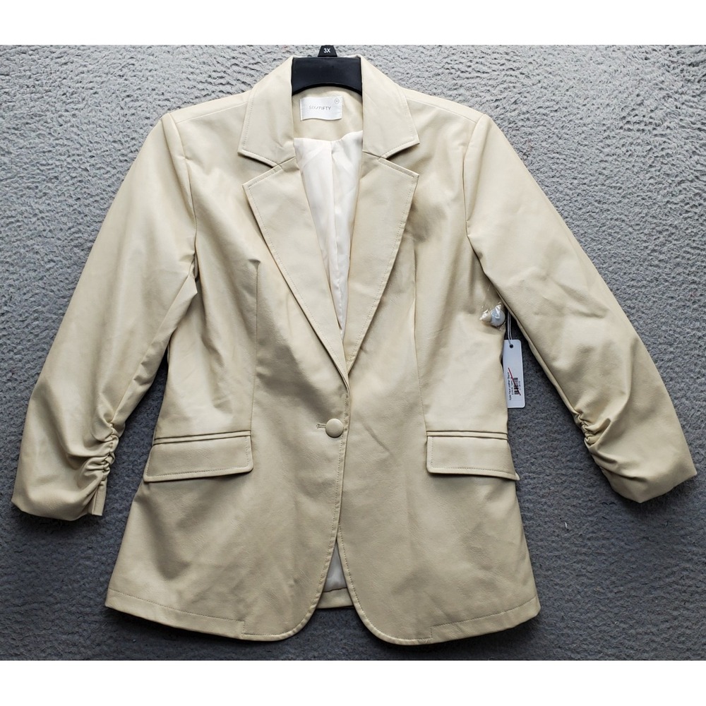 Six Fifty Kylie Faux Leather Blazer Jacket Womens Medium Brown Ruched Sleeve